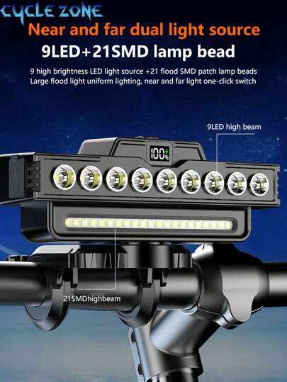 9LED+21SMD Bicycle Headlight With High/Low Beam, Bright Floodlight Illumination, Super Loud Horn & Bell, Rechargeable, Sturdy & Non-Vibrating Installation