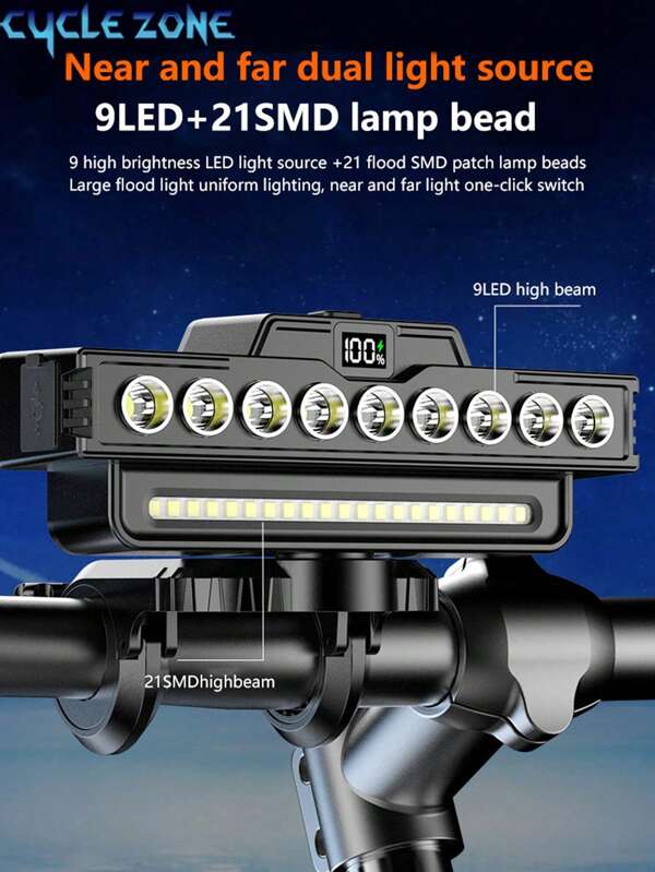 Fanale da bicicletta a 9 LED e 21 SMD con fascio alto/basso, illuminazione a larga diffusione, super clacson e campanello, ricaricabile, installazione robusta e senza vibrazioni