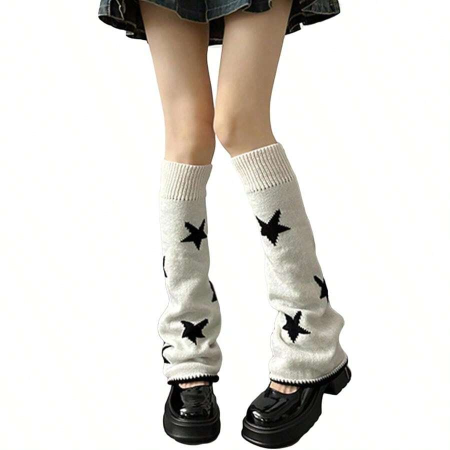 Milu Women's Y2k Star Print Leg Warmers 80s Knitted Long Socks - 如圖 - 查看 1