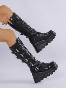 Women's Pink Round Toe Thick Sole High Heel Tall Boots, Lace-Up Elastic Fashion Boots For Autumn/Winter,Y2k Shoes,Party Outfits - Black - View 5