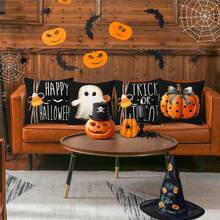 4pcs Halloween Pillow Covers, Happy Halloween Ghost & Pumpkin Design, Cartoon Peach Velvet Single-Sided Printed Cushion Covers With Zipper Closure, No Pillow Insert Included, Halloween Home Decor, Suitable For Home, Living Room, Sofa, Bed, 18 X 18 Inches - Multicolor - View 6