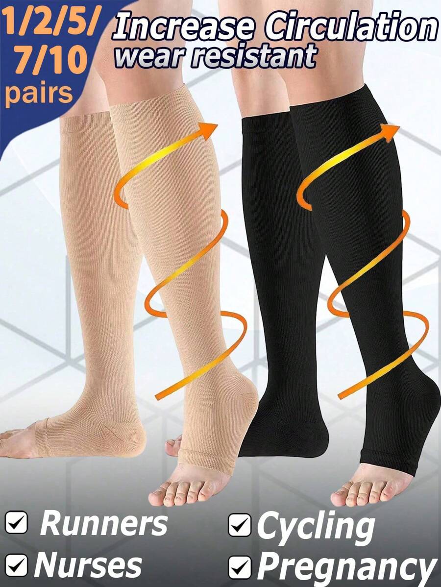 1/2/5/7/10 Pairs Open-Toe Knee High Compression Socks (2 Pairs) - 15-25 MmHg For Sports, Running, Cycling | Maternity, Nursing | Women & Men | Circulation Support, Y2K