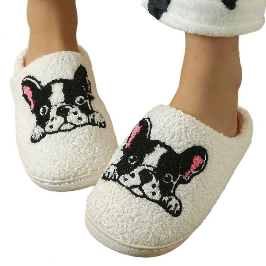Women's Warm Indoor Slippers, Cartoon Bull Dog House Slippers, Home Slippers