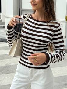 FOR BEAUTY New Autumn And Winter Contrasting Striped Boat Collar Long Sleeved Knitted Short Top, Korean Casual Simple Slim Fit Versatile Lazy Sweater, Daily Go Out Commuting Street Pullover Autumn Women's Clothing Christmas New Year