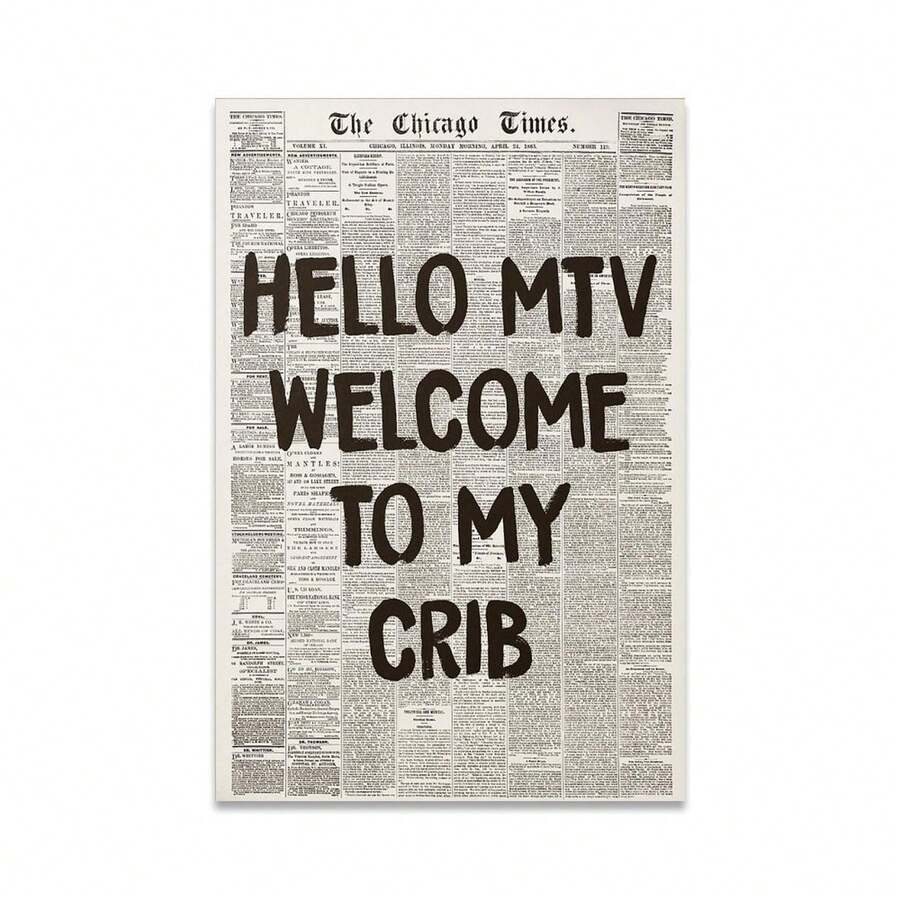 1pc Canvas Poster Vintage Newspaper Aesthetic Wall Decor Hello MTV, Welcome To My Crib Art Print Painting Room Decoration Spatial Aesthetics Wall Art Gift For Him - 無框架風格 - 查看 1