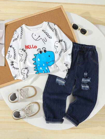 2pcs/Set Toddler Boys' Dinosaur Print Long Sleeve Sweatshirt & Distressed Denim Pants Casual Outfit, Spring/Autumn