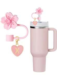 2pcs/1set Heart & Letter Pomegranate Flower Straw Topper, Pink Cup Letter Marker, And Silicone Pomegranate Flower Reusable Straw Cap For 10mm Wide Straw, Cute Letter Decorations, Suitable For Modern Minimalist Glass Cups