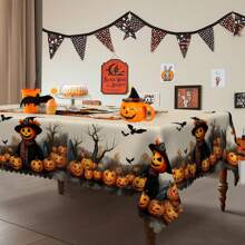 1pc Halloween Tablecloth, Pumpkin, Scarecrow, Ghost, Bat, Vintage Style, Round And Rectangular Tablecloth, Suitable For Halloween Decoration, Autumn Decoration, Farmhouse Decor, For Indoor And Outdoor Daily Gatherings, Lunch And Dinner Use
