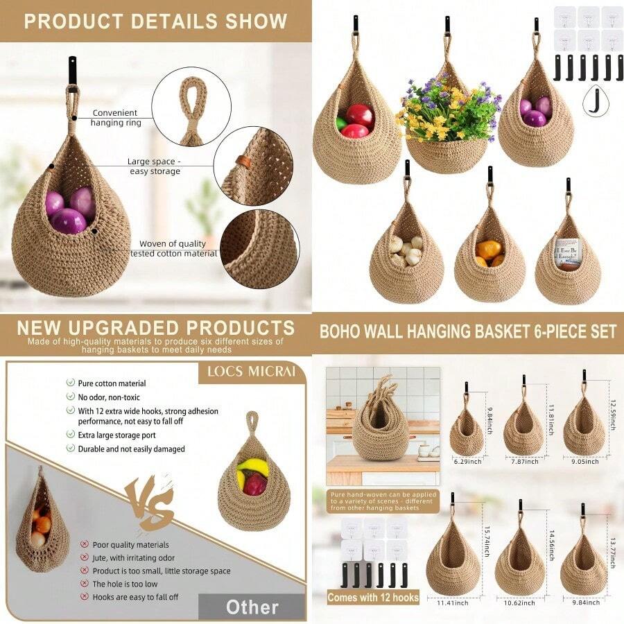 Hanging Fruit Baskets For Kitchen 6 Pack Boho Wall Hanging BasketHandwoven Wall Fruits Basket For Garlic Potato Vegetable Onion Teardrop Home Hanging Storage Baskets Brown Classic - 棕色 - 查看 1