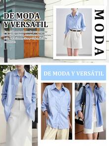 Camisa informal de manga larga ajustada para mujer, diseño de cuello alto, con bolsillos laterales dobles, adecuada para oficina, ocio y uso diario - Azul - Ver 8