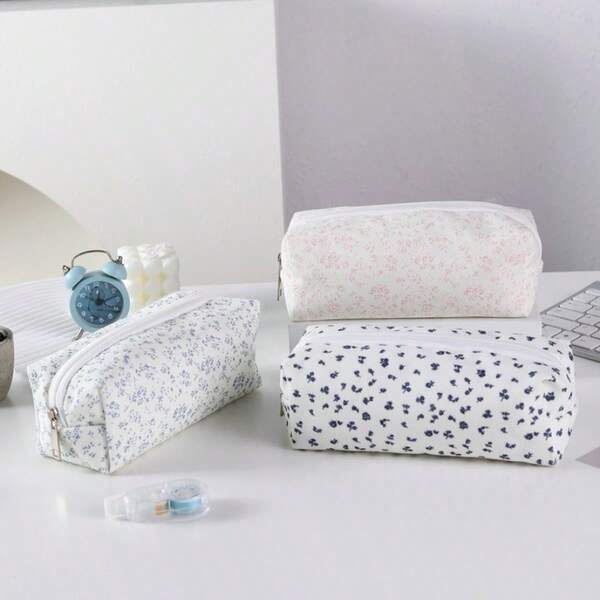 1 Peça Estojo de Lápis Floral Minimalista Rosa, Organizador de Papelaria Estudantil, Nécessaire Azul