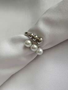 Women's Adjustable Double Ring With Pearls And Smooth Spheres, Gold Or Silver Plated, Minimalist, Delicate, Luxury - Bạc - Xem 3