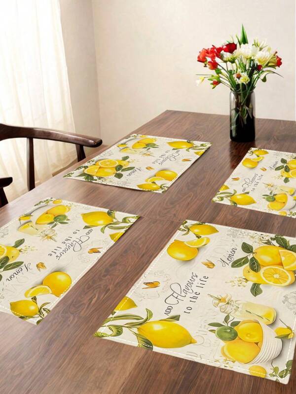 4 Pieces Floral Theme Placemats Fresh Lemon Flower And Leaf Pattern Farmhouse Heat Resistant Placemats Washable Easy Clean Decorative Table Mats For Patio Round Table Party Kitchen Home Table Tea Party Table Suitable For Indoor And Outdoor Dining, Party, Holiday Decoration, Suitable For Dining Table And Banquet