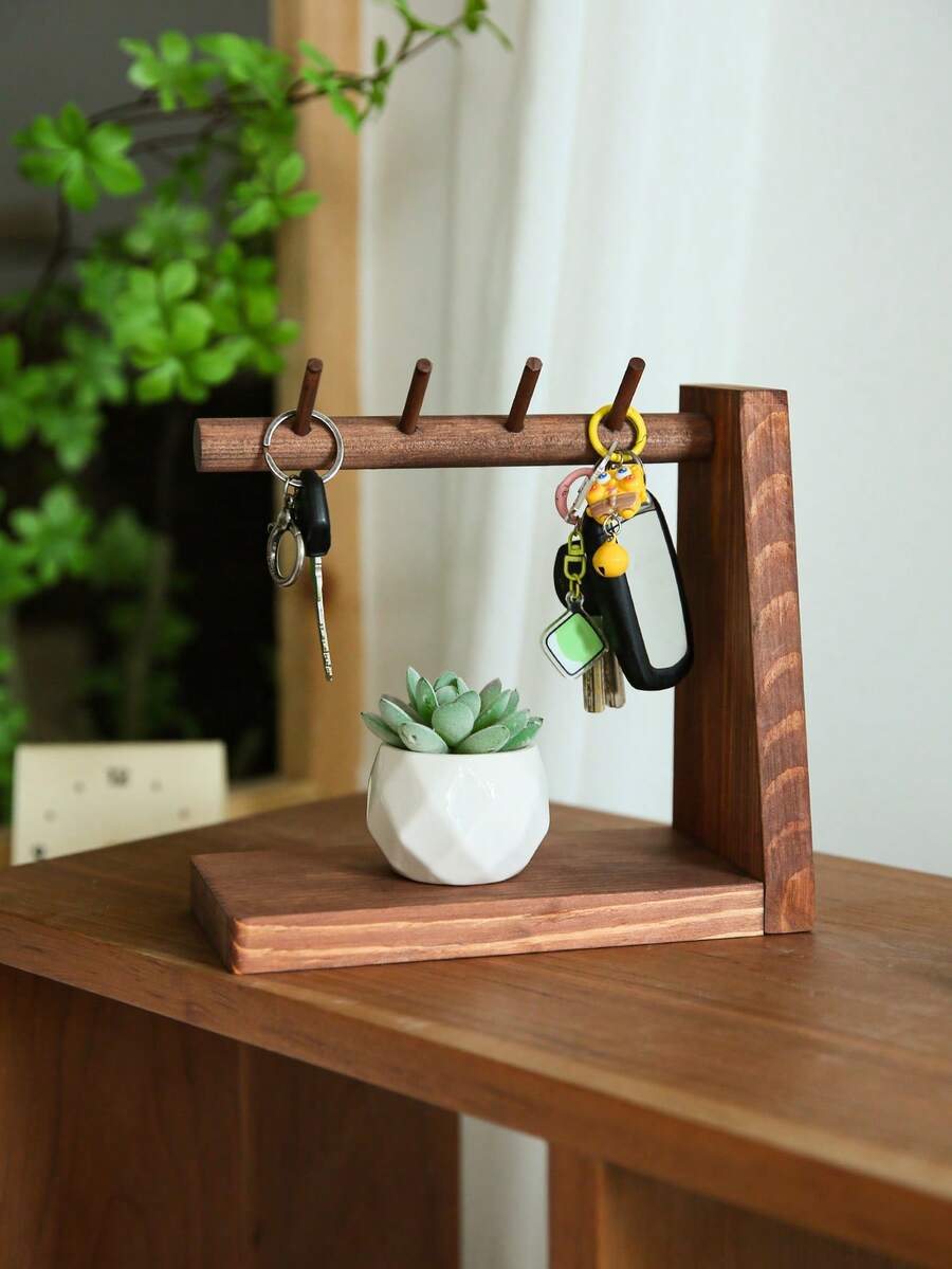 Wooden Key Holder Hook Wall Mount Desk Decor Desktop Organizer Storage Rack With Hooks Hanging Entryway Home Office Shelf Display Stand Key Storage Solution Organization Accessories For Kitchen Bedroom Living Room - Multicolor - View 1