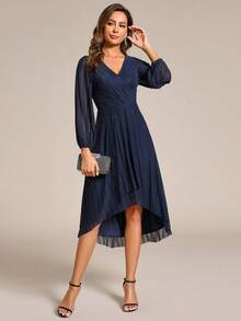 Solid Color Overlapping V-Neck Lantern Sleeve Asymmetric Hem Elegant Bridesmaid Dress