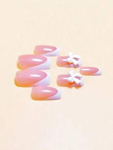24pcs Short Square French Press-On Nails Set With White French Tip & Bow Design, Glossy Finish, Comes With 1pc Jelly Gel And 1pc Buffer, Suitable For Women Party, Wedding, Casual And Holiday Wear, Reusable - Hồng - Xem 5