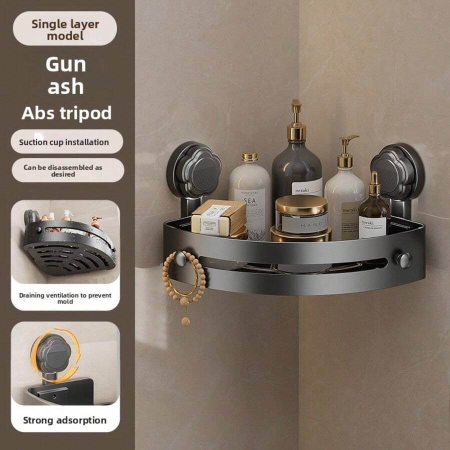 قطعة واحدة من رف تخزين بشفط للحمام، من نوع ثلاثي القوائم، لا يحتاج إلى لصق، امتصاص ذاتي بالتفريغ، سهل التنظيف والصيانة، مناسب لتخزين غرفة طلاب السكن الجامعي، بتصميم بسيط.