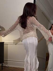 Sedessea Yuwenier Sexy Deep V-Neck Hollow See-Through Sequin Crochet Cover Up Top, Button Front Batwing Sleeve Long Loose Coverup, Fashionable Casual Daily Wear For Women - Apricot - View 2