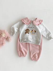 2pcs/Set Baby Girls Cute Bear & Dog Print Ruffle Collar Sweatshirt + Pink Drawstring Pants Casual Loose Outfit, Spring/Autumn