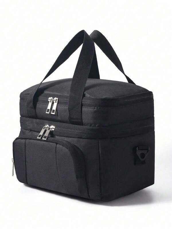 1pc Large Capacity Insulated Lunch Bag, Dual Layer Shoulder Strap Lunch Box Cooler Bag, Outdoor Picnic Camping Tote Lunch Bag