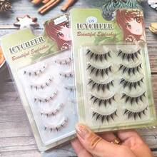 10 对睫毛套装 - 上睫毛 + 下睫毛，山茶花尖端，自然外观，一体式 + 流苏仿手绘下睫毛，透明茎，浅欧亚卡通眼妆，适合舞台表演、派对