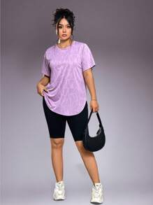 1pc Plus Size Women Casual Sports T-Shirt, Round Neck With Curved Hem, Summer