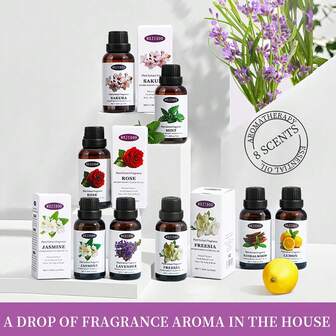 100% Pure Essential Oil 8 Flavors 30ml (Freesia, Sandalwood, Cherry Blossom, Lavender, Jasmine, Lemon, Mint, Rose) Used For Diffuser, Diffuser Stone, Humidifier, Suitable For Bedroom, Car, Room, Bathroom And So On Gifts Birthday Graduation