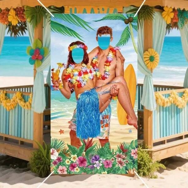 1 stuk 2D Hawaiiaanse Luau-feestcamera-achtergrondbanner - gigantische tropische strandfeestdecoratie, geschikt voor koppels, Aloha-festivalbenodigdheden, geen stroom nodig, vakantieachtergrond | Hawaiiaanse themadecoratie | feestartikel