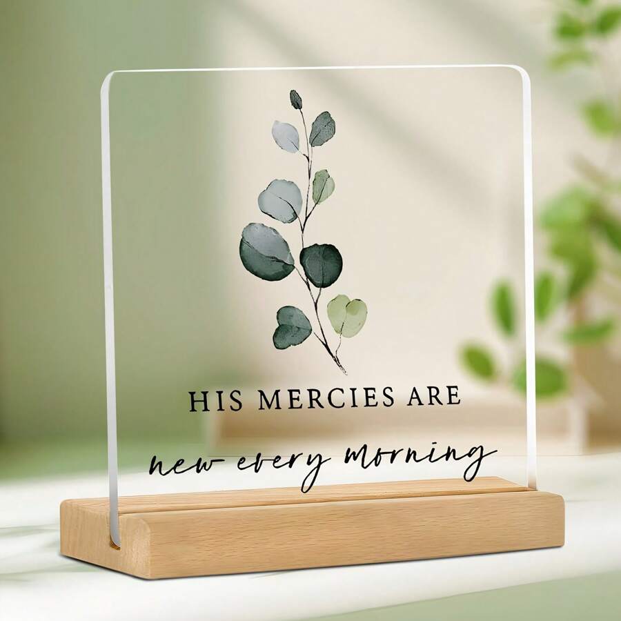 1 pieza Placa acrílica cristiana "Sus misericordias se renuevan cada mañana" con soporte de madera, letrero acrílico inspirador con versículo bíblico y eucalipto para decorar el escritorio, el hogar, el dormitorio, la sala de estar y la estantería
