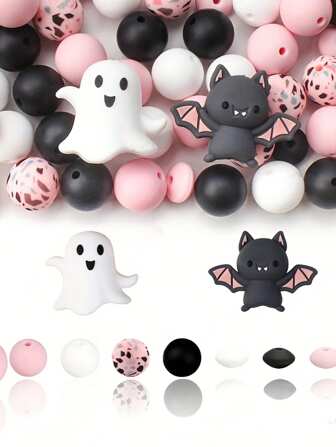 [Halloween Silicone Beads] 35pcs 3D Halloween Theme Silicone Beads Set 15mm Ghost Bat Pink Color Focal Beads For Keychain Jewelry Making Crafts DIY Pen Beaded Accessories Beads & Bead Assortments