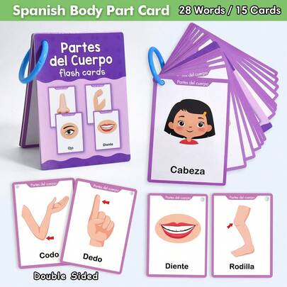 Lachilly 15 件儿童西班牙语身体部位闪卡 - 西班牙语 28 个单词教育词汇幼儿学龄前学习工具蒙特梭利玩具