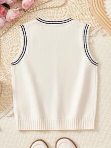 Boys' Casual Bear Embroidery V-Neck Sleeveless Knitted Vest, Versatile School Style Warm Pullover Waistcoat For Kids, Autumn/Winter - Apricot - View 2