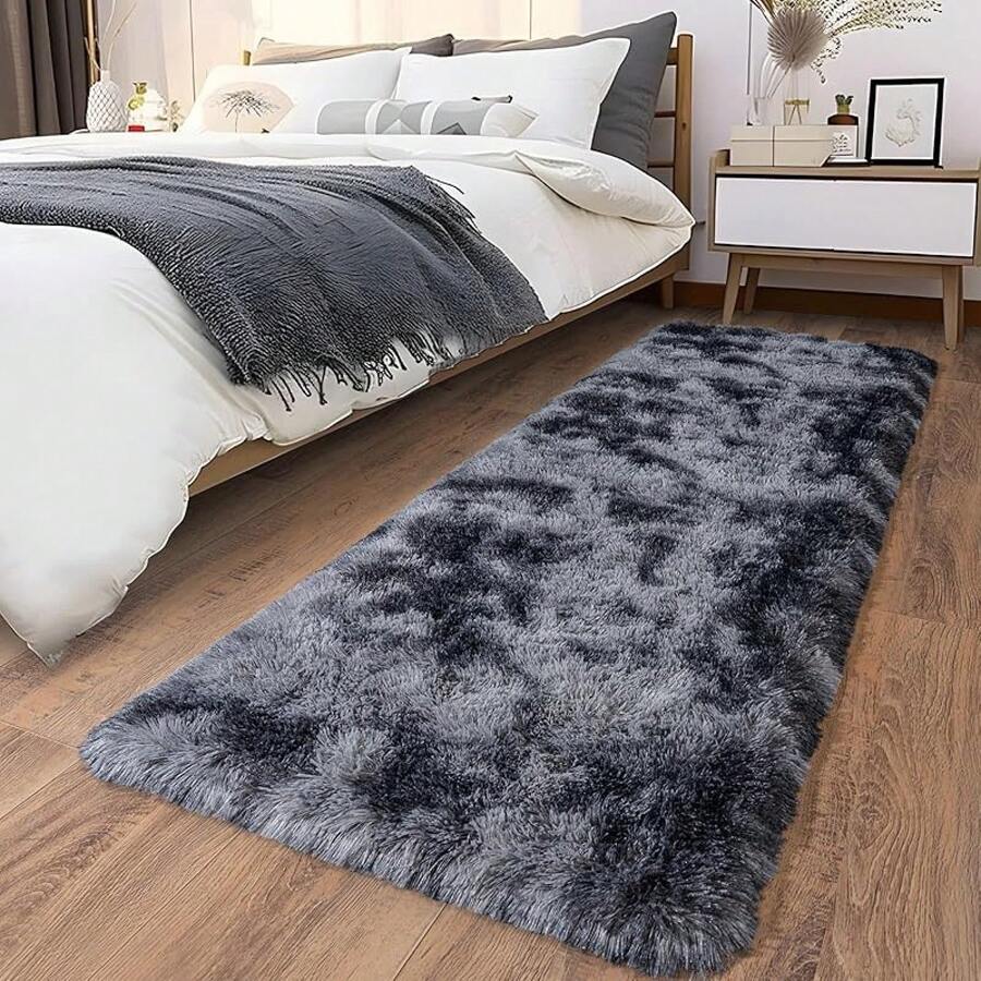 Soft Fluffy Shag Throw Area Rug, 2x4 Black, Non-Slip Bedroom, Hallways, Bedside, Dorm, Living Room - Long Shaggy Rug - 紮染深灰色 - 查看 1