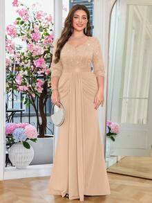 Vestido formal elegante com lantejoulas contrastantes, renda floral, franzido e drapeado na frente, para festa noturna, vestido de outono, vestido de baile para convidada de casamento, para formatura, jantar, festivais