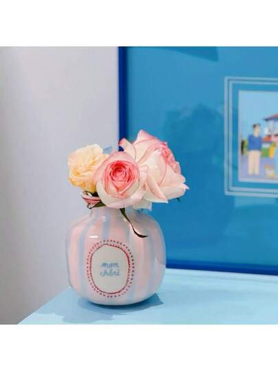 1pc painted Asymmetrical Ceramic Flower Vase, Roze Groen Heart Pattern Home Accessory Room Glass Vase view 11