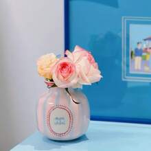 Joivida 1pc Handpainted Asymmetrical Ceramic Flower Vase, Pink & Green Heart Pattern Vase, Home Decor Accessory - Multicolor - View 11