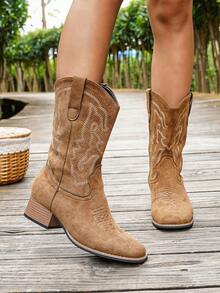 Fall/Winter Women's 2025 Spring/Autumn New Outdoor Fashion Embroidery Patchwork Slip-On Ankle Boots Western Ankle Boots, Boots For Women, Cowboy Boots - Brown - View 4