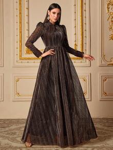 女士优雅 V 领长袖鸡尾酒会连衣裙，采用闪亮面料拼接，公主风格 - 棕色 - 查看 5