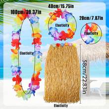 A Set Hula Outfits Hawaiian, Hawaiian Flower Skirts For Women Dress Outfits Tropical Grass Skirts Fortuning'S Costume For Beach Party Favors Halloween Cosplay,Grass Skirt Flower Accessories In Yellow, Green, And Rose Red.