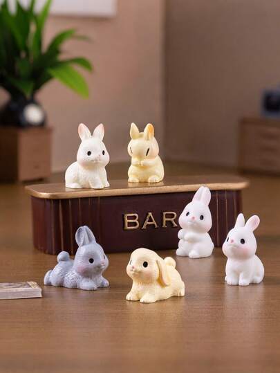 6pcs Random Style Super Cute Mini Rabbit Figurines, Creative Decor For Micro Landscape And Dollhouse DIY