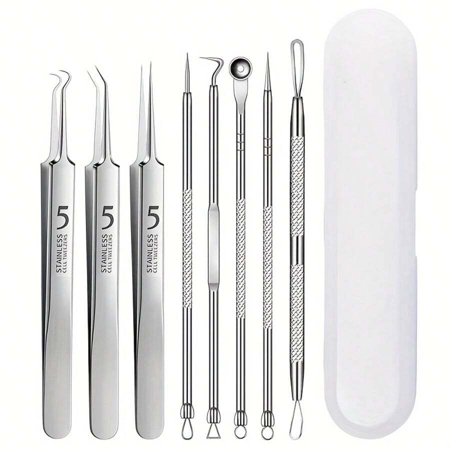 8-Piece Needle Set, Cell Clip, Blackhead Remover, Ultra-Fine Tweezers, Professional Beauty Salon, High-Precision Needle, Cleaning Clip Set - 銀色1套 - 查看 1