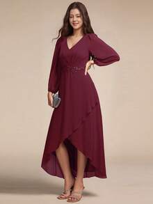 Elegant V Neck Long Sleeves Waist Embroidered Mother Of The Bride Dresses Midi Dresses