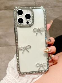 Bow-Knot 1pc Fashionable New Luxury Transparent Frame Rhinestone Bow Creative Shockproof Phone Case Cover Suitable For IPhone11/12/13/14/15/16/PRO Smartphones - Silver - View 1