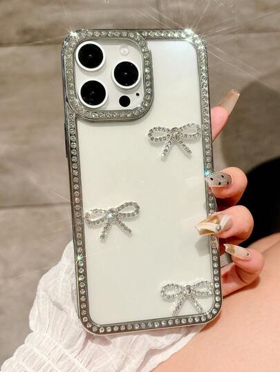 Bow-Knot 1pc Fashionable New Luxury Transparent Frame Rhinestone Bow Creative Shockproof Phone Case Cover Suitable For IPhone11/12/13/14/15/16/PRO Smartphones