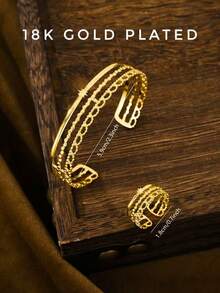 2件套18K镀金不锈钢手链戒指套装，女士珠宝，婚礼派对，约会礼物 - 金黃色 - 查看 7