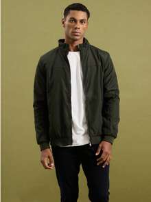 Men's Traditional High Collar Bomber Jacket With Cutouts - Green - View 1