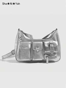 Y2K 摩托车风格包，辣妹休闲多口袋酷炫摩托车包，适合大学生通勤、街头时尚、派对、旅行、聚会、礼物 - 銀色 - 查看 1