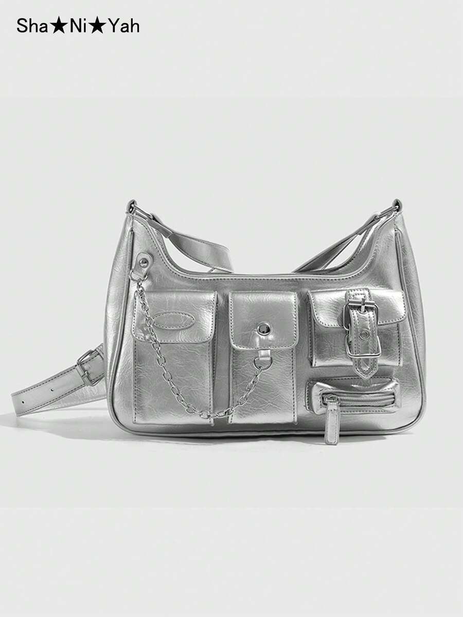 Y2K 摩托车风格包，辣妹休闲多口袋酷炫摩托车包，适合大学生通勤、街头时尚、派对、旅行、聚会、礼物 - 銀色 - 查看 1