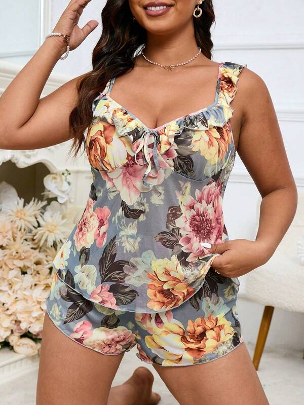 2pcs Women's Sexy Mesh Printed Lingerie Set, Suitable For Home, Valentine's Day, Wedding, Sexy Outfit