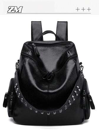 高端最新款女式大学生和中学生背包，可水洗皮革铆钉单肩包，引领潮流，简约百搭，旅行度假多功能时尚通勤背包，适合上班族